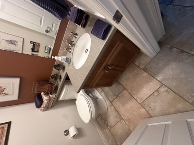 Brown accent wall with navy painted vanity and warm lighting fixtures