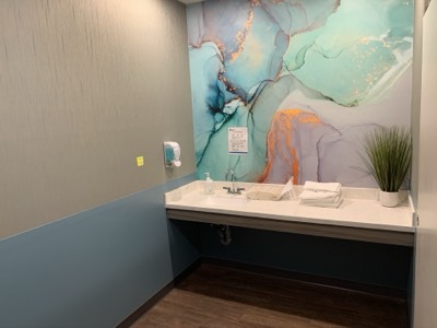 Commercial bathroom featuring artistic mural and professional paint finish