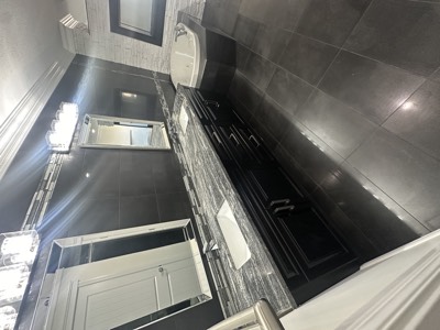 Dark luxury bathroom with crystal chandelier and rich painted finishes