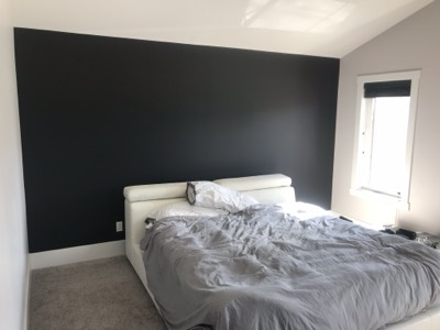 Charcoal accent wall with white painted trim and modern bedroom furniture