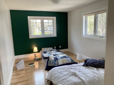 Deep green accent wall in a bedroom with warm wood tones and cozy textiles