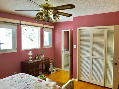 Pink painted bedroom with walk-in closet and ceiling fan installation
