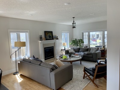 Bright white painted living room with fireplace surround and natural light