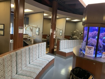 Dental office waiting area with built-in fish tank and calming painted walls