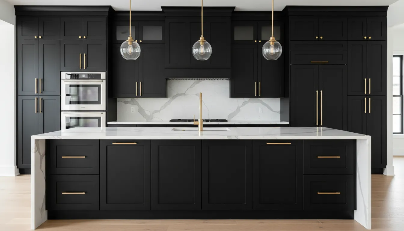 Kitchen with dramatic matte black painted cabinets and gold hardware