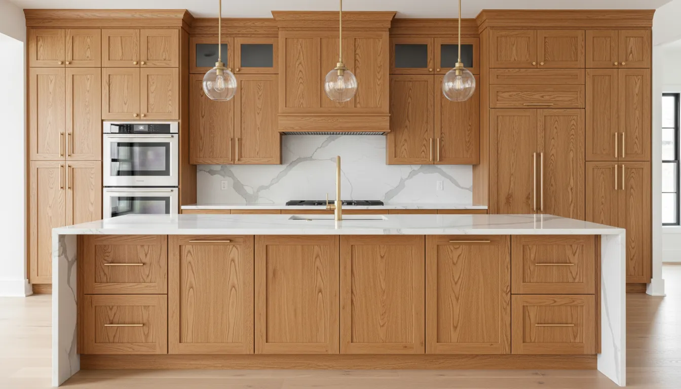 Kitchen with dated oak cabinets before painting