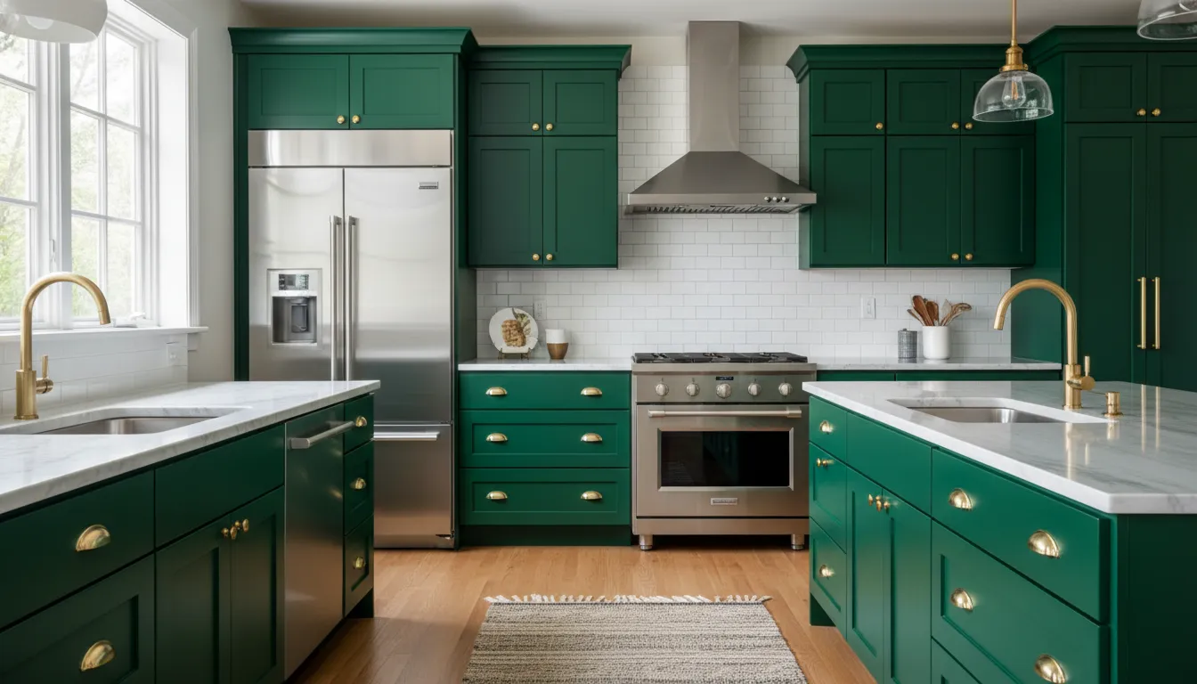 Kitchen with brilliant emerald green painted cabinets