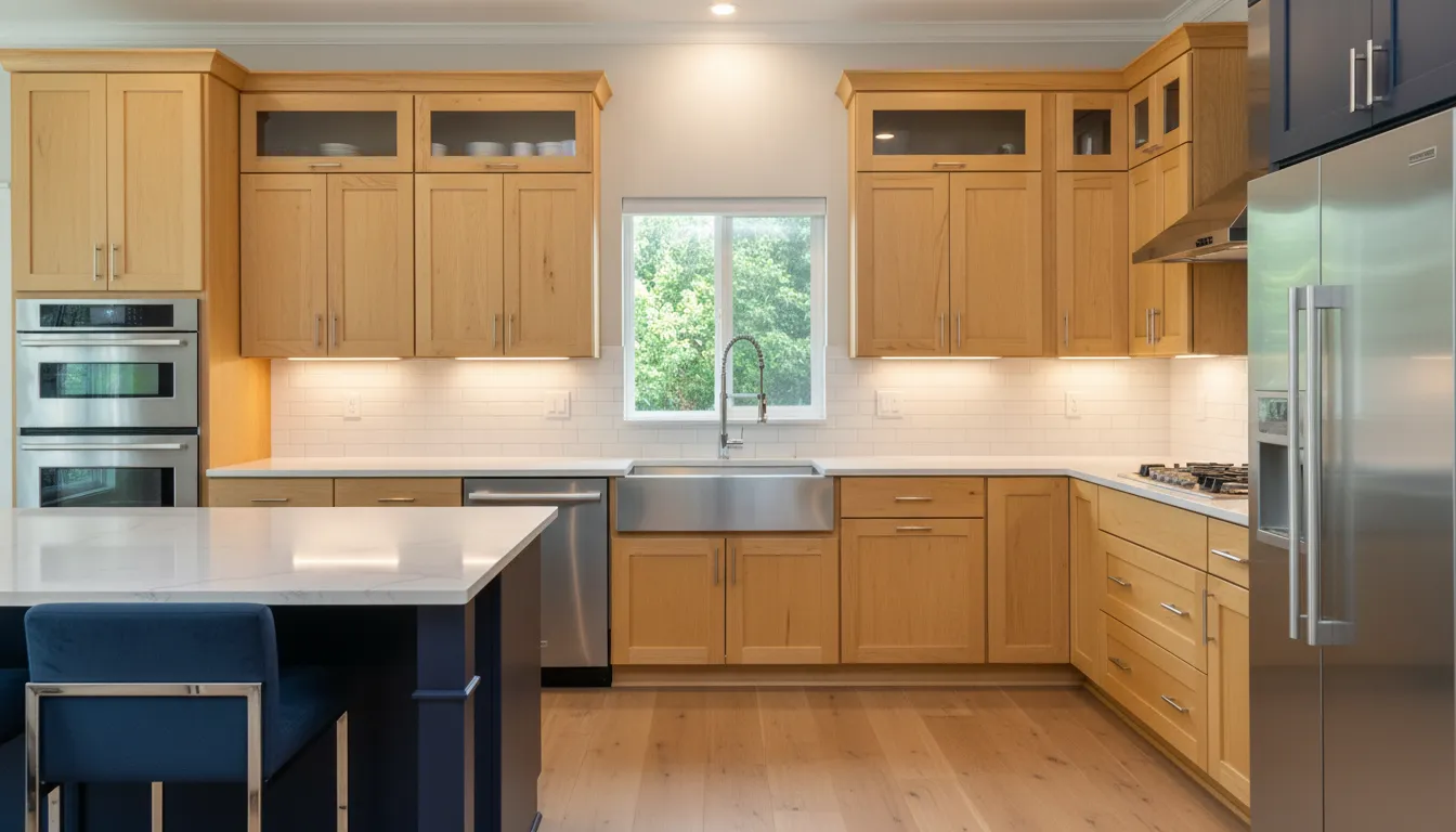 Kitchen with dated maple cabinets before painting