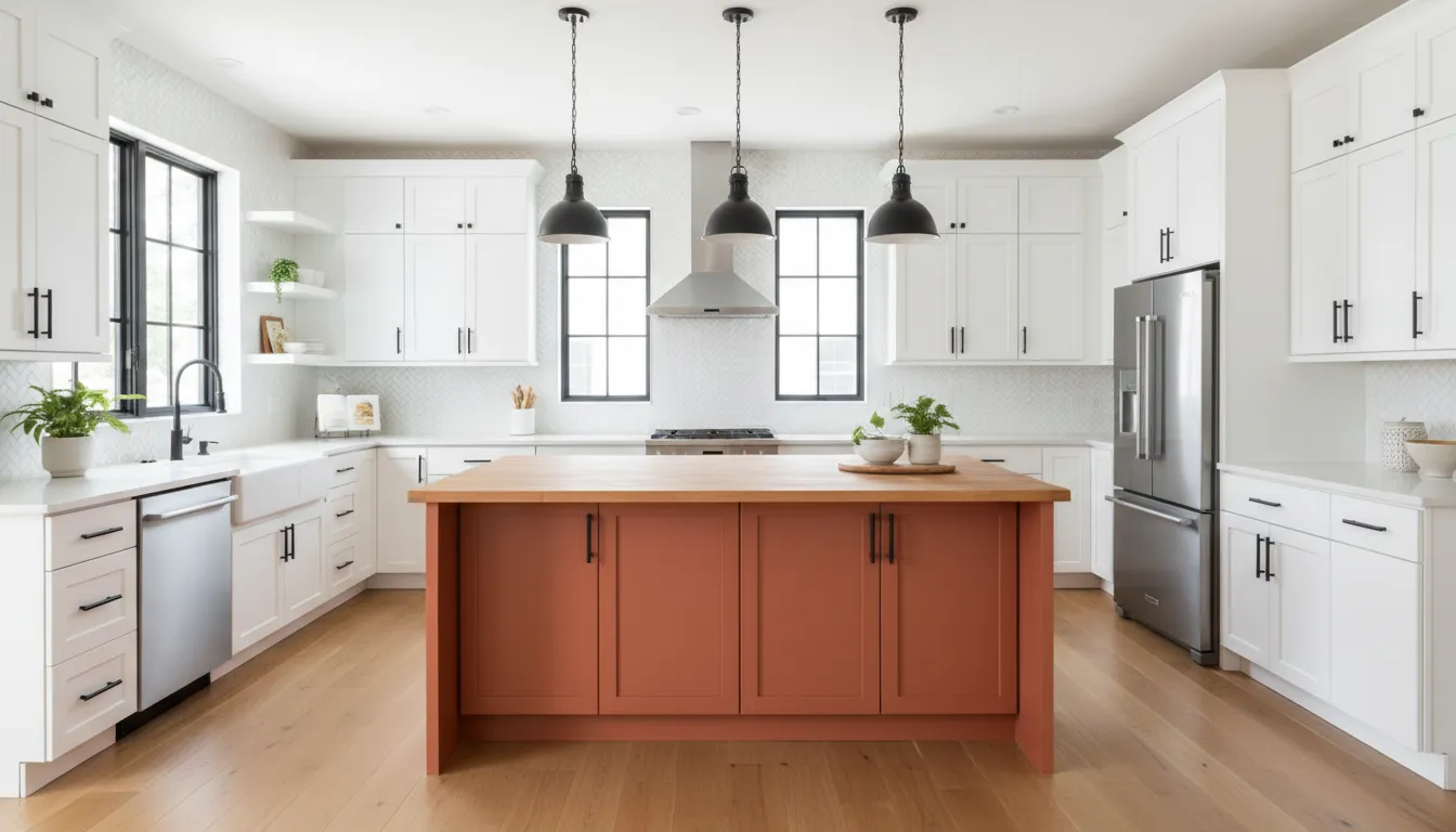 Kitchen with coral orange island and white perimeter cabinets