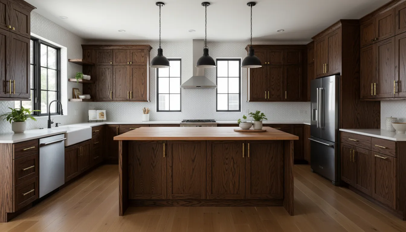 Kitchen with dark brown oak cabinets before painting