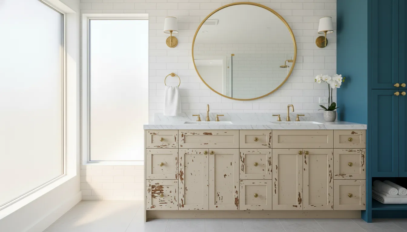 Bathroom with chipping beige vanity before painting