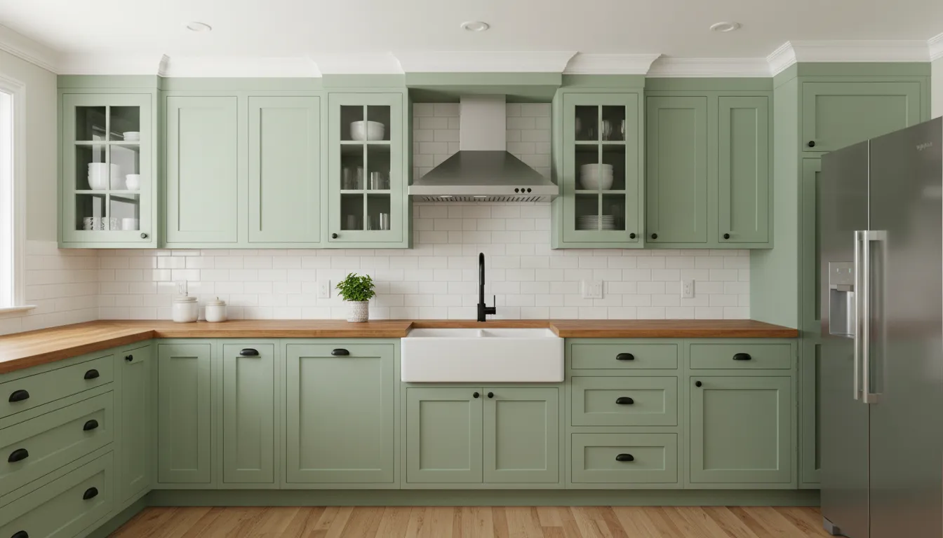 Kitchen with sage green shaker doors and glass panels after refacing