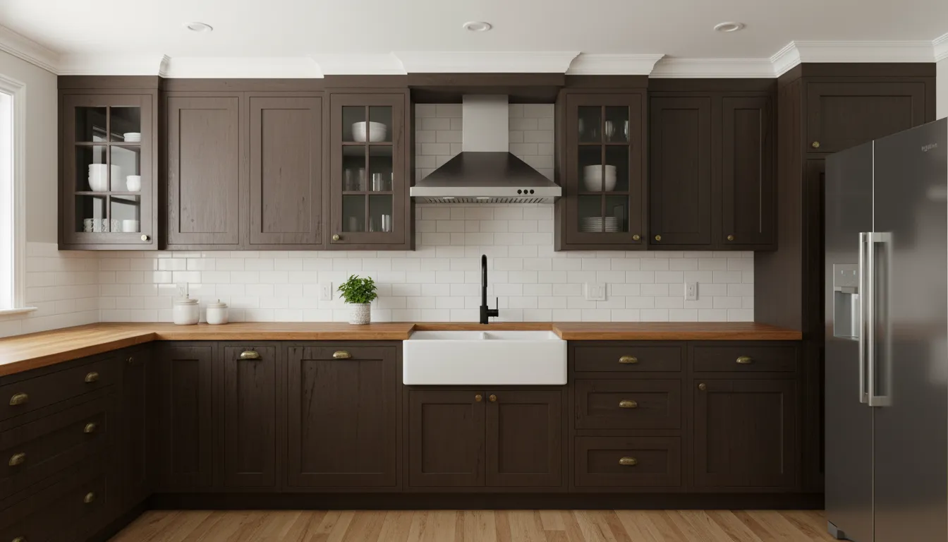 Kitchen with dated dark brown doors before refacing