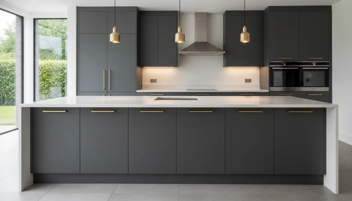 Kitchen with sleek charcoal grey slab doors after refacing