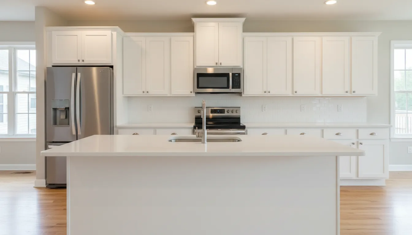 Kitchen with new white shaker doors after refacing