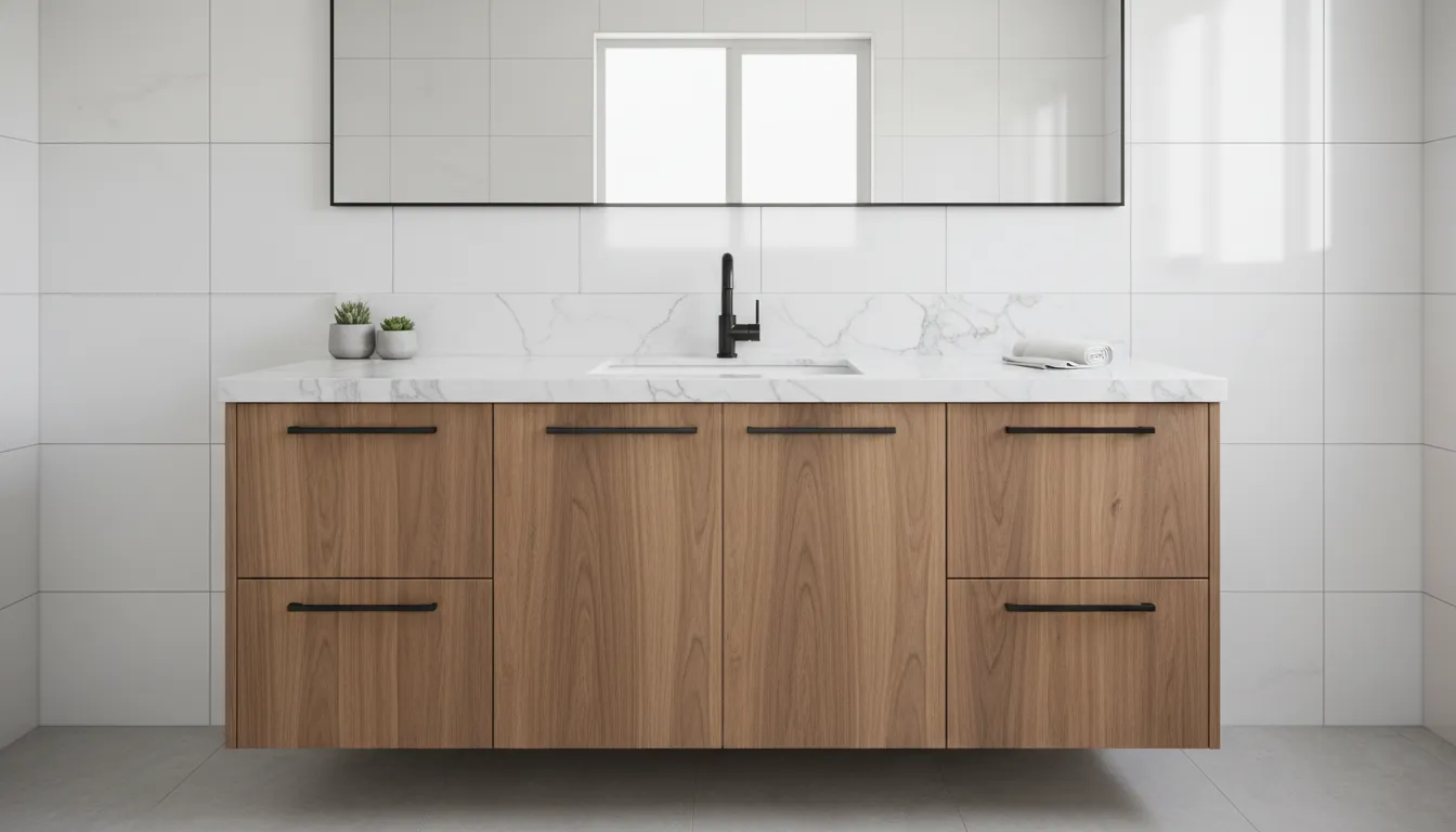 Bathroom with warm walnut vanity doors after refacing