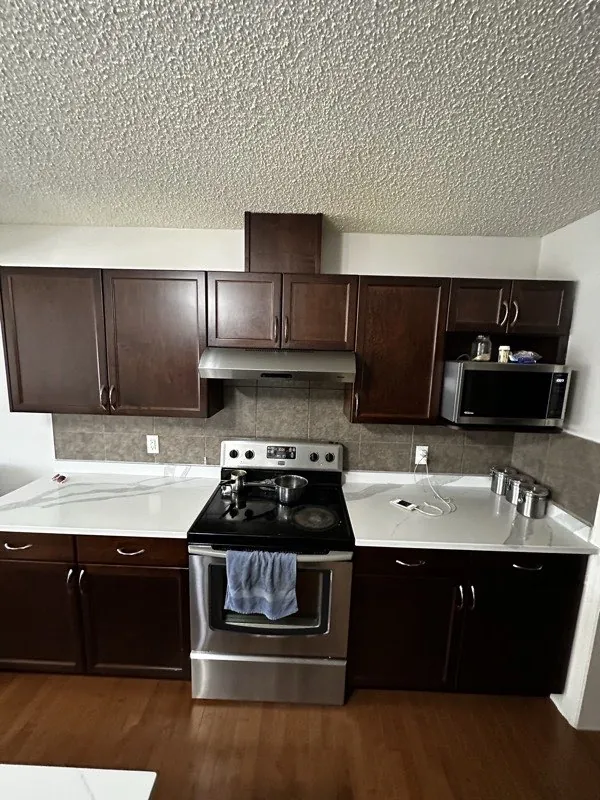 Kitchen cabinet refinishing by iPaint Painting — dark stained cabinets in Edmonton home