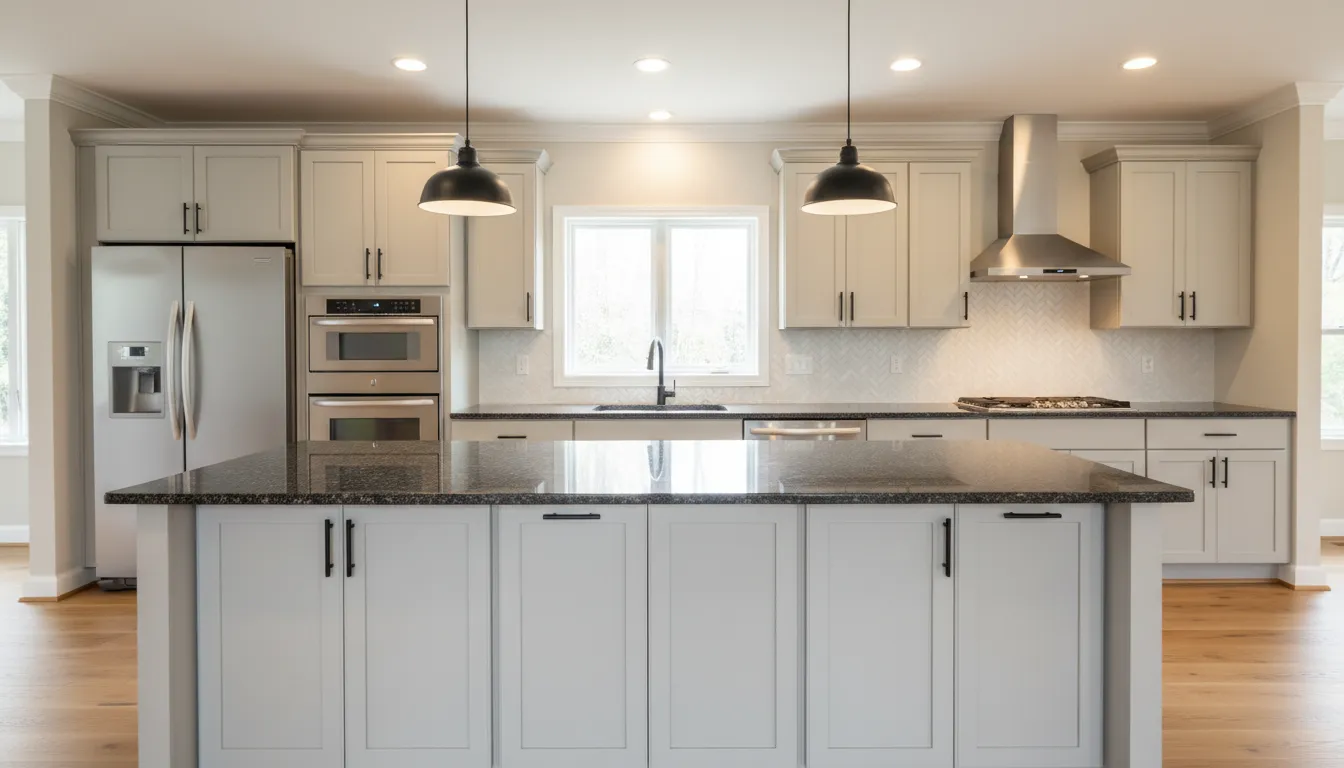 Kitchen with light warm grey cabinets after refinishing