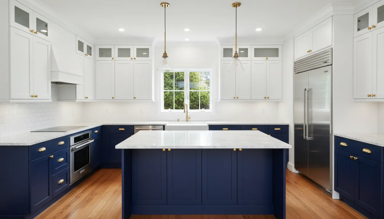 Kitchen with navy blue lowers and white uppers after refinishing