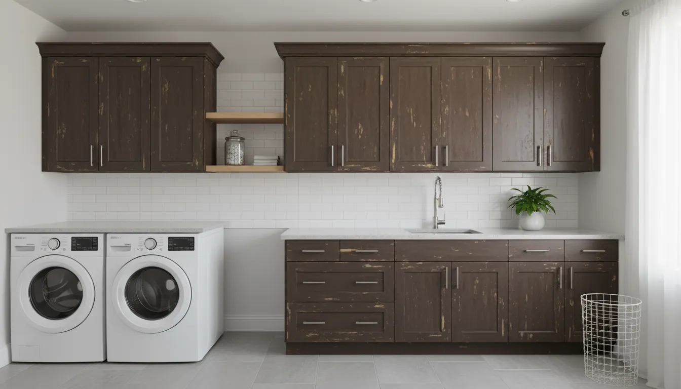 Laundry room with dated brown cabinets before refinishing