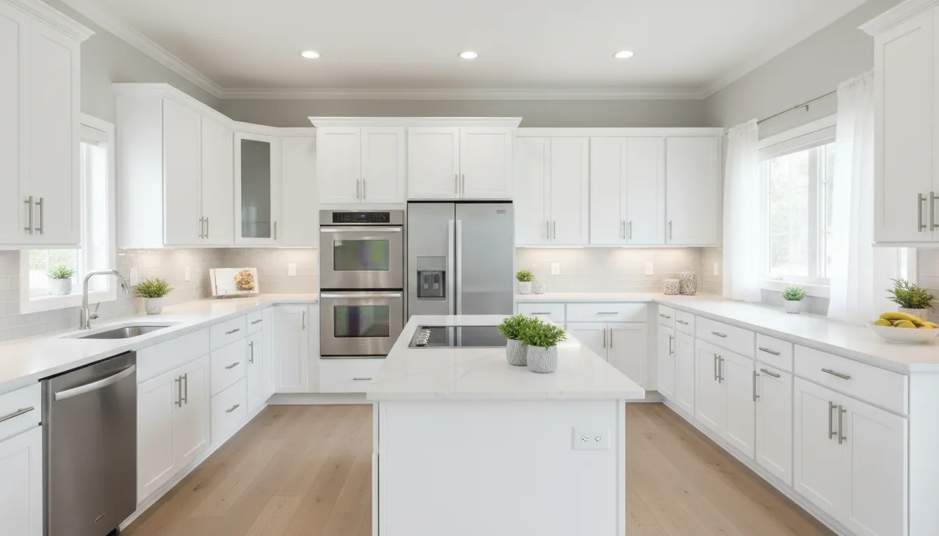 Kitchen with bright white spray-finished cabinets after refinishing