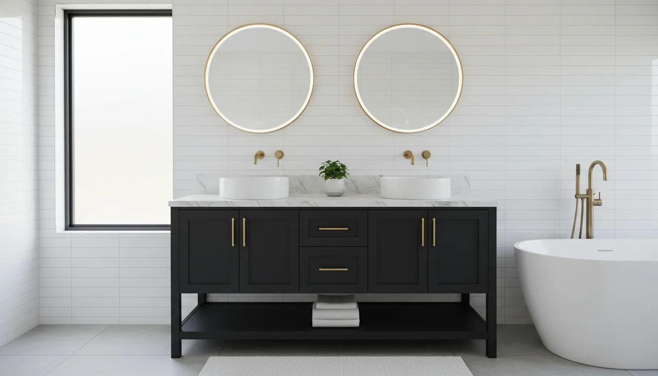 Bathroom with matte black vanity after refinishing