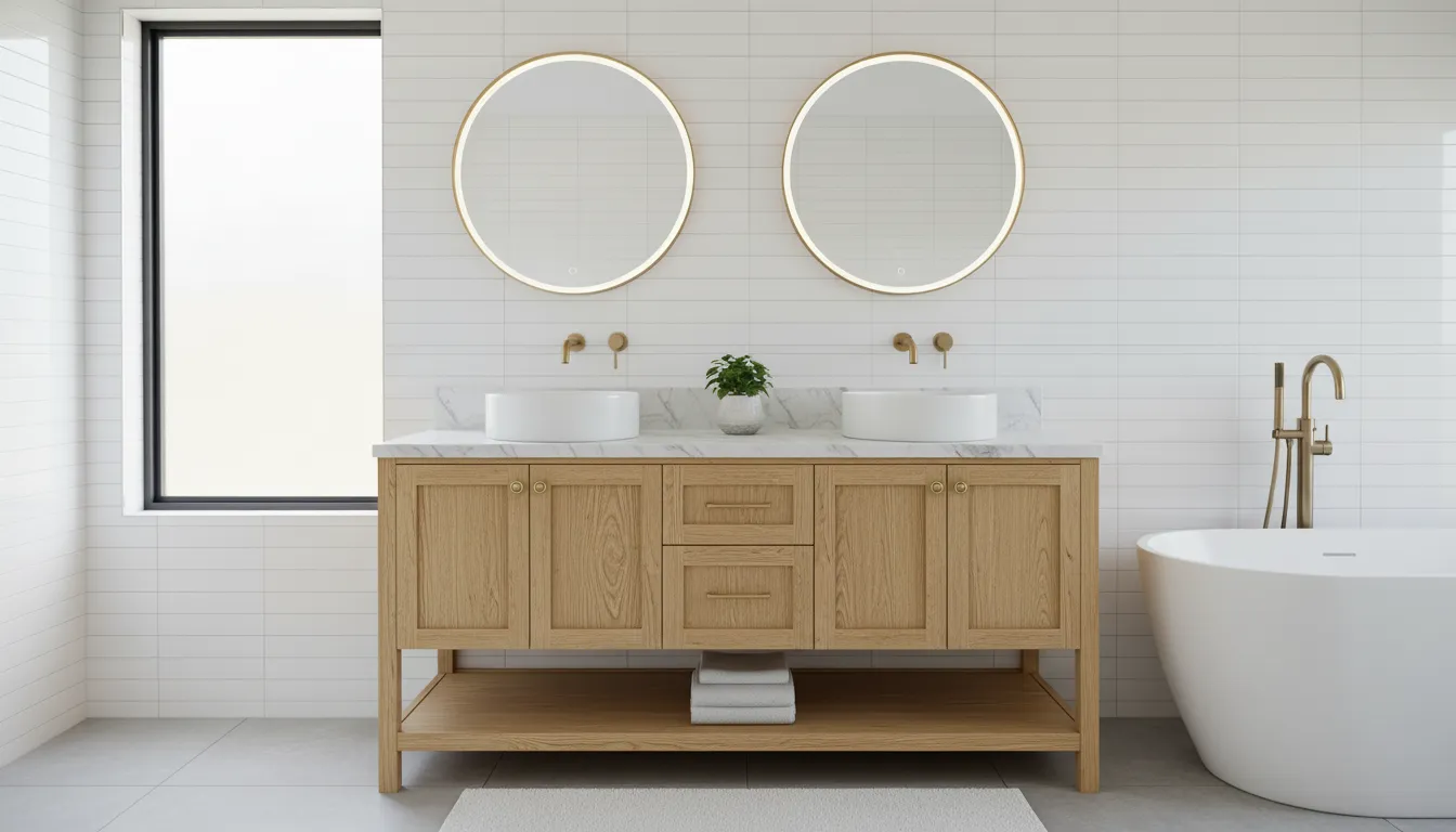 Bathroom with dated oak vanity before refinishing