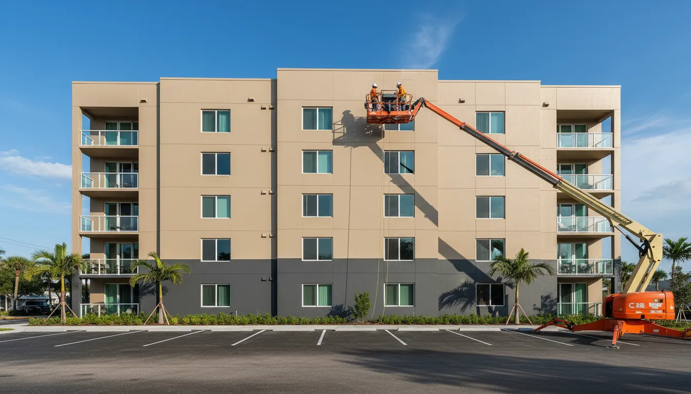 Condo building after painting — modern two-tone with boom lift