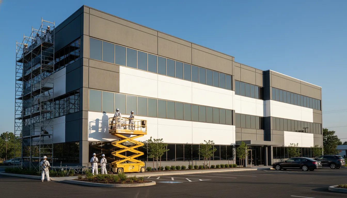 Office building after painting — modern grey with scaffolding