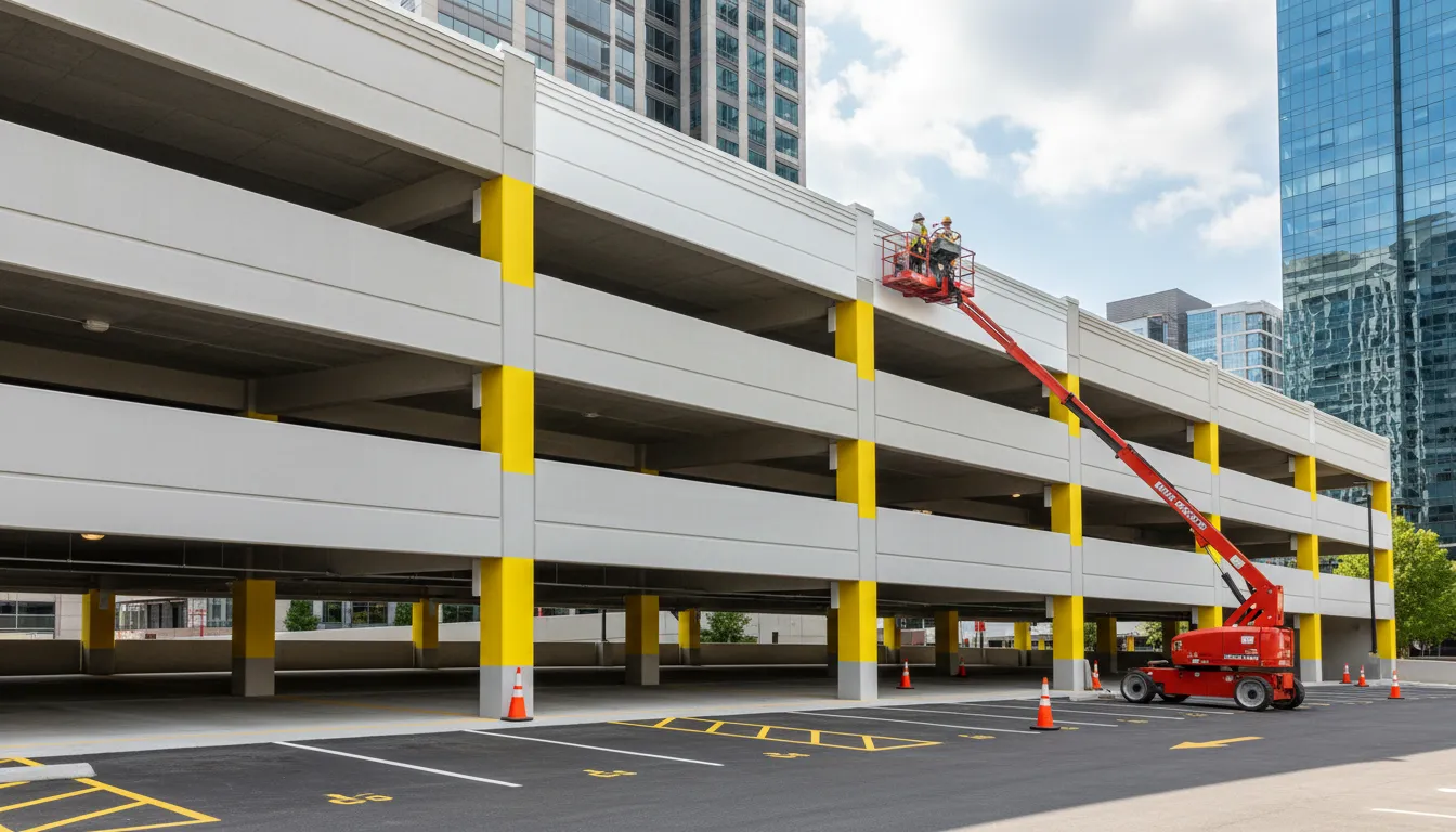 Parkade after painting — fresh grey with yellow safety striping