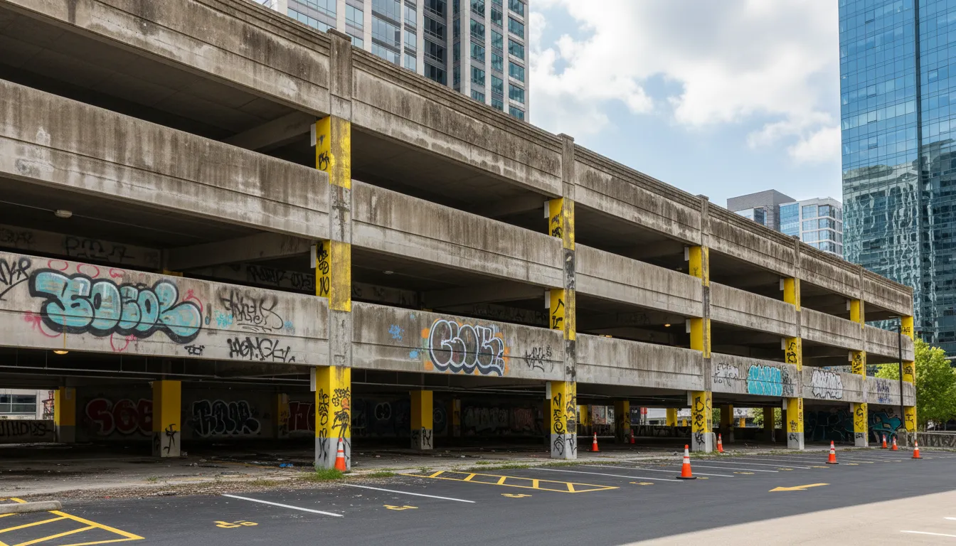 Parkade before painting — dirty and neglected