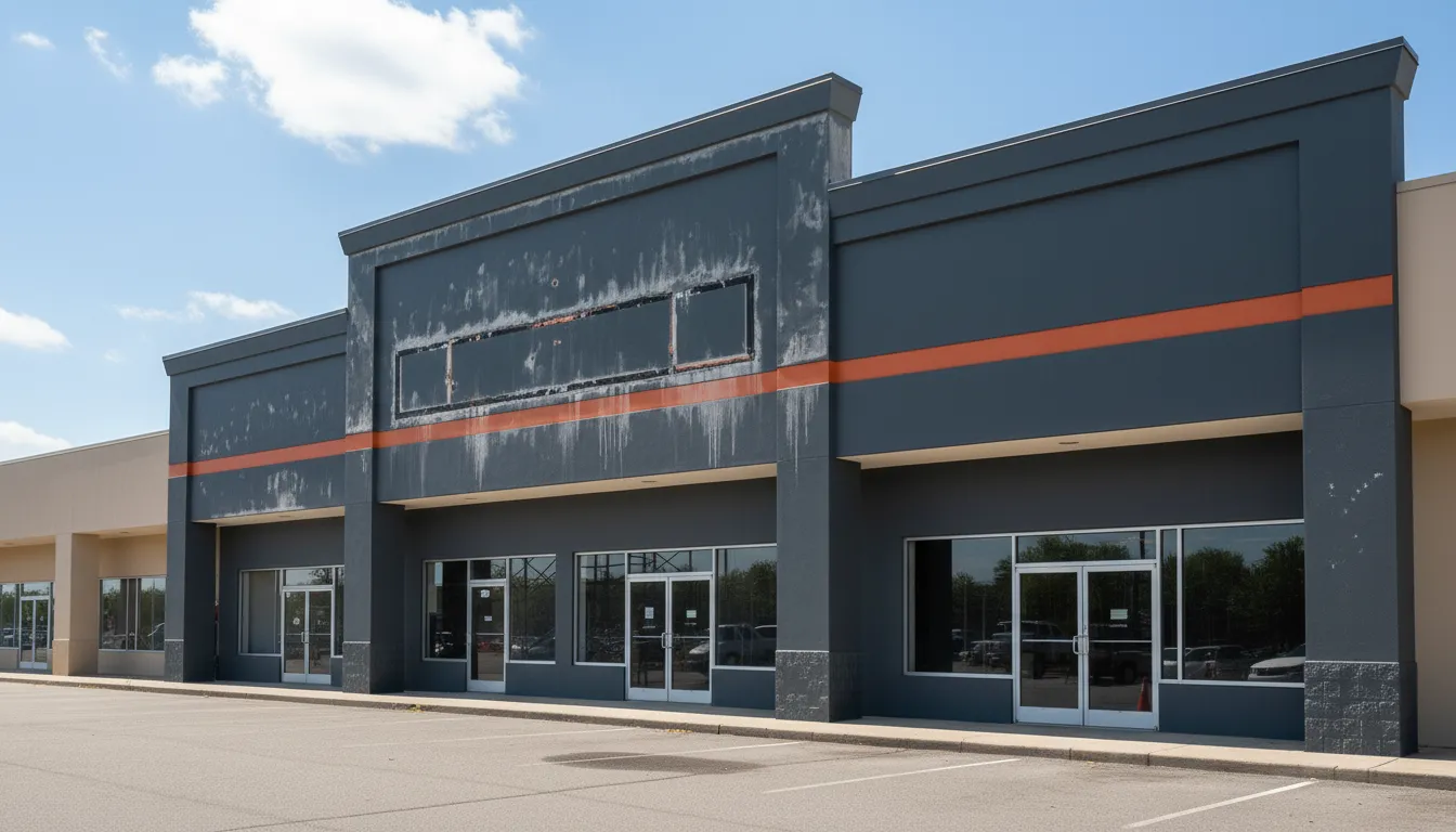 Retail strip mall before painting — faded and weathered