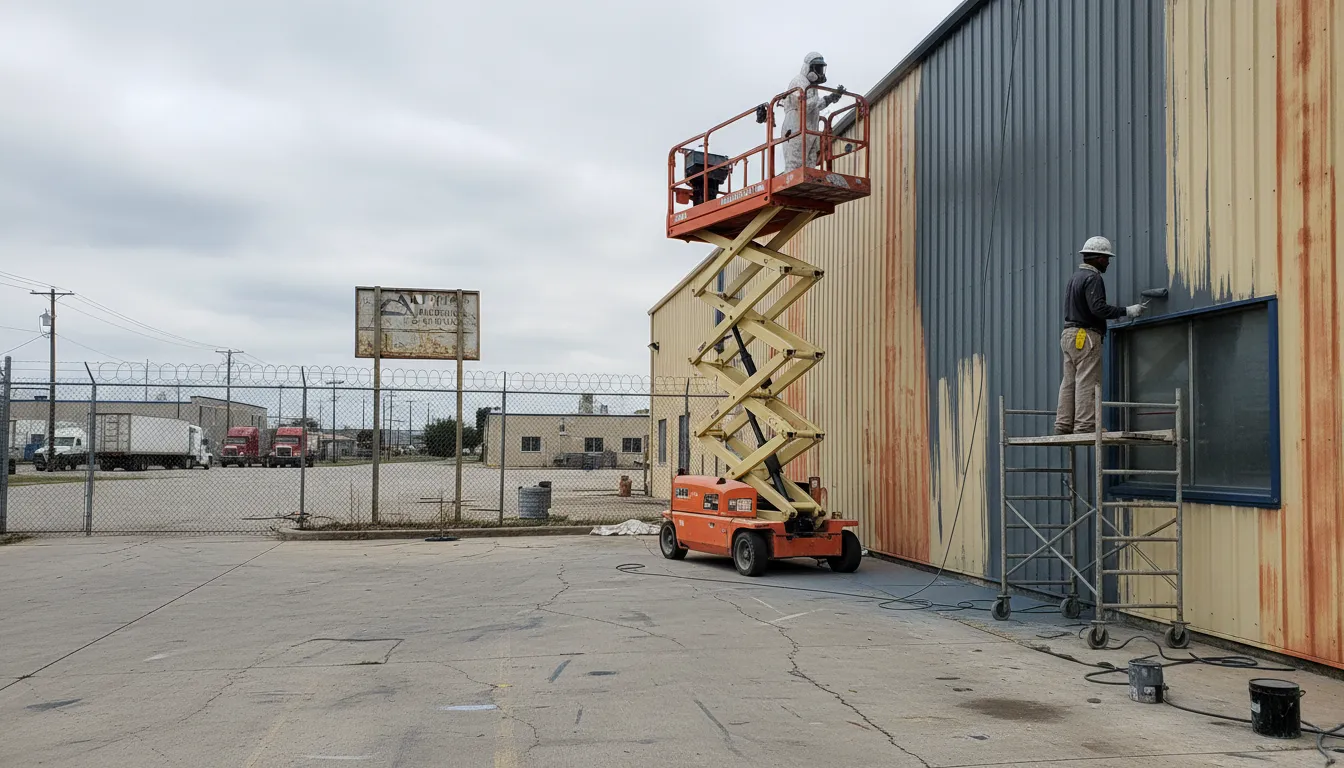 Warehouse after painting — fresh industrial grey with scissor lift