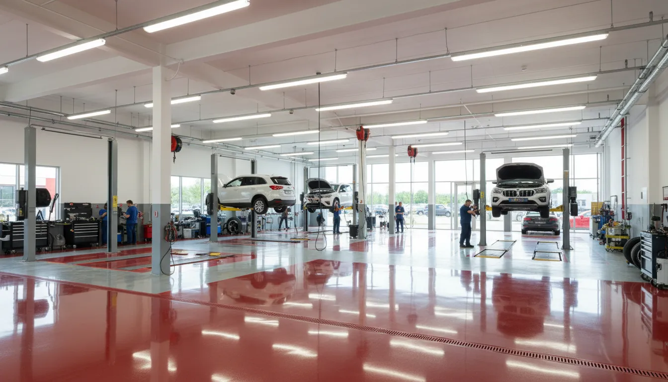 Dealership shop with red and grey metallic epoxy floor
