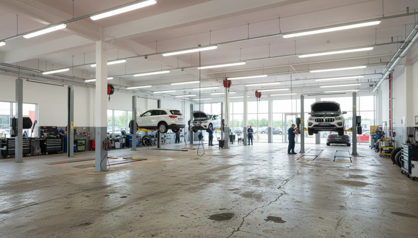 Dealership shop with stained concrete floor