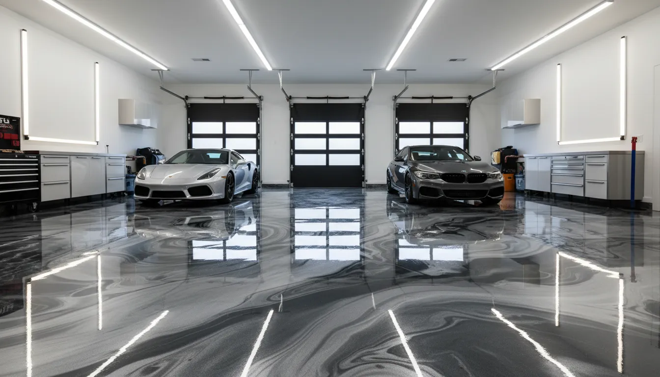 Three-car garage with metallic silver epoxy floor