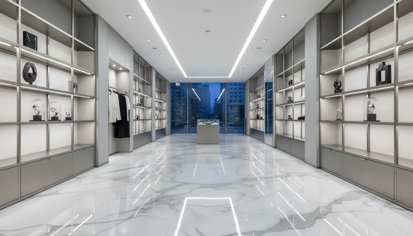 Showroom with marble-effect metallic epoxy floor