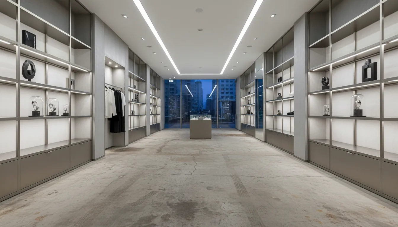 Showroom with bare dirty concrete floor