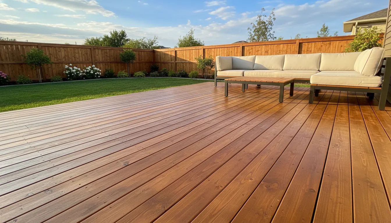 Deck and fence after staining — rich warm cedar tone