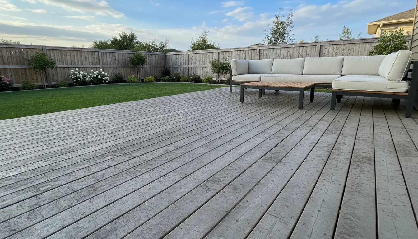 Deck and fence before staining — grey weathered wood