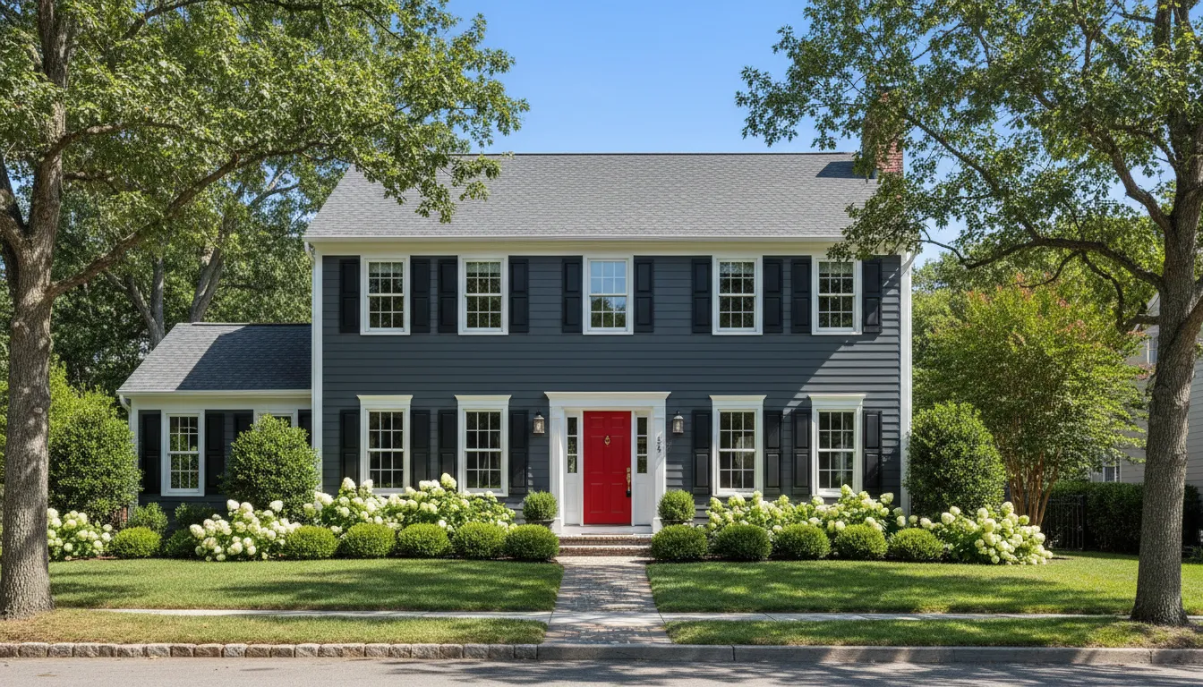 House exterior after painting — charcoal grey with white trim