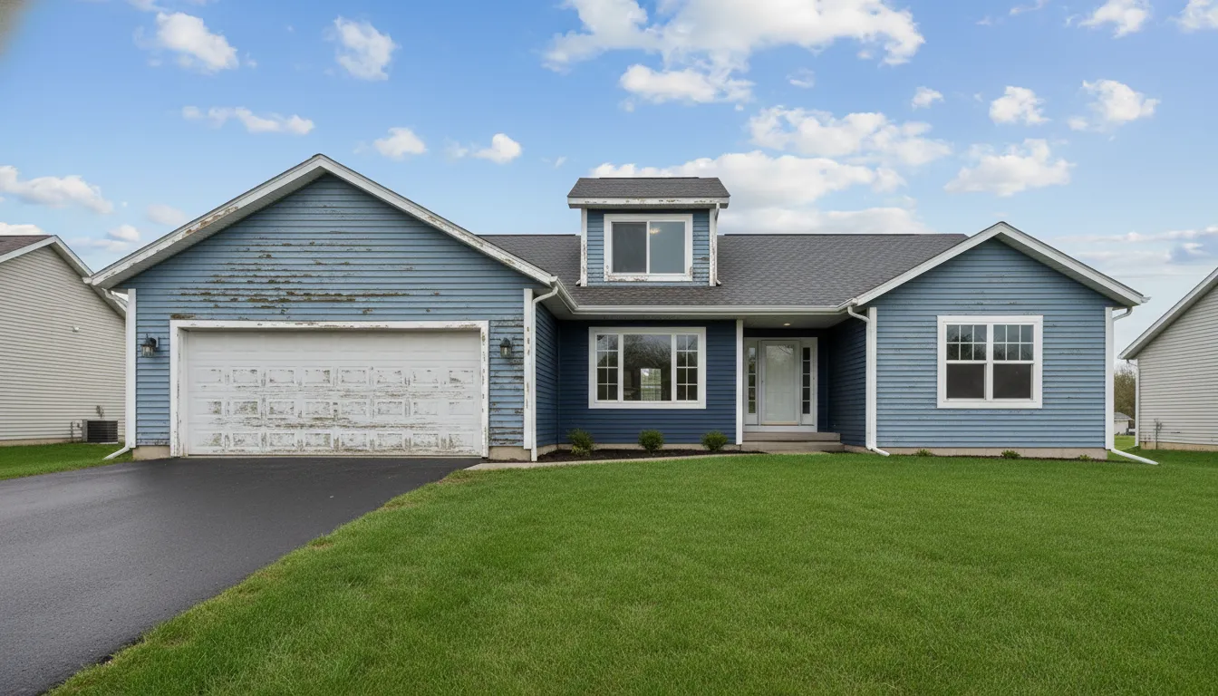 House siding before painting — faded and UV damaged