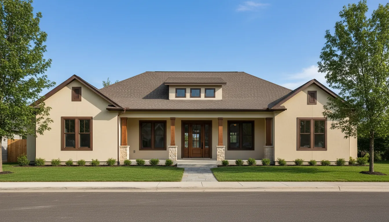 Stucco house after painting — warm cream with brown trim