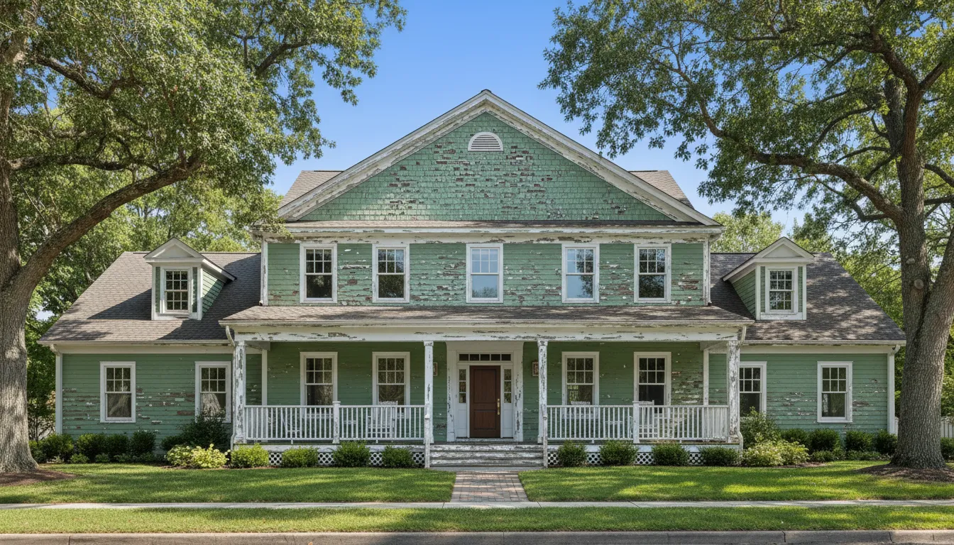 Two-storey house before painting — peeling faded paint