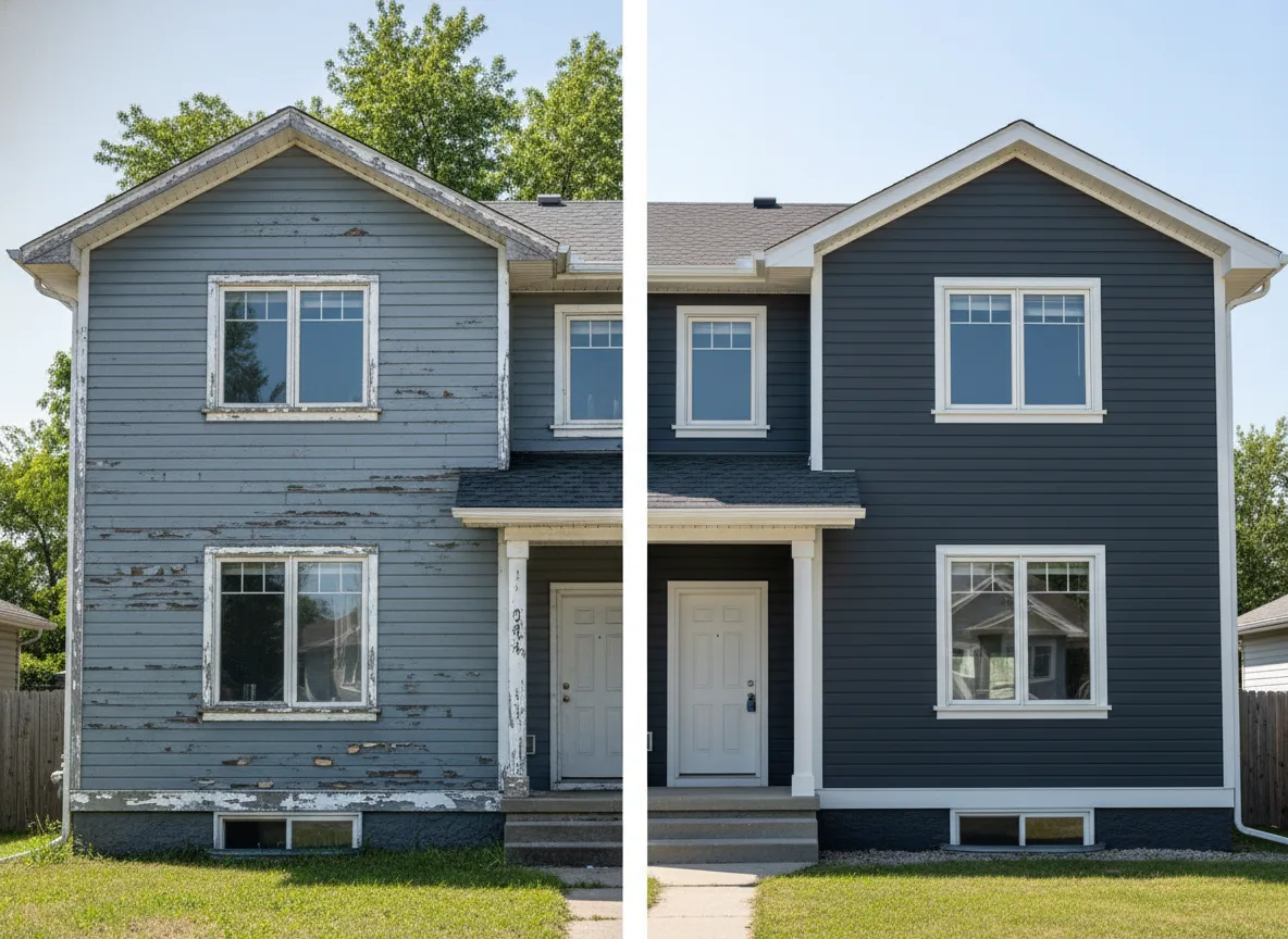 Before and after exterior house repaint by iPaint Painting in Riverbend, Edmonton