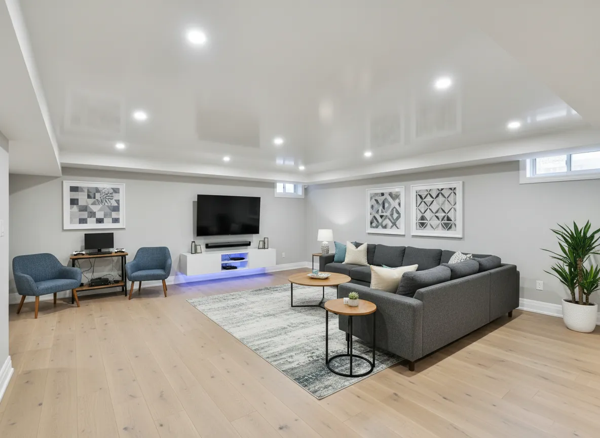 Basement with smooth ceiling after popcorn removal
