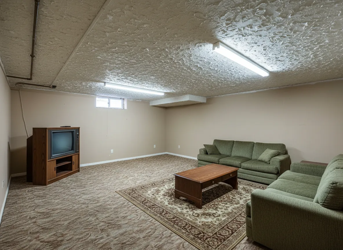 Basement with popcorn ceiling before removal