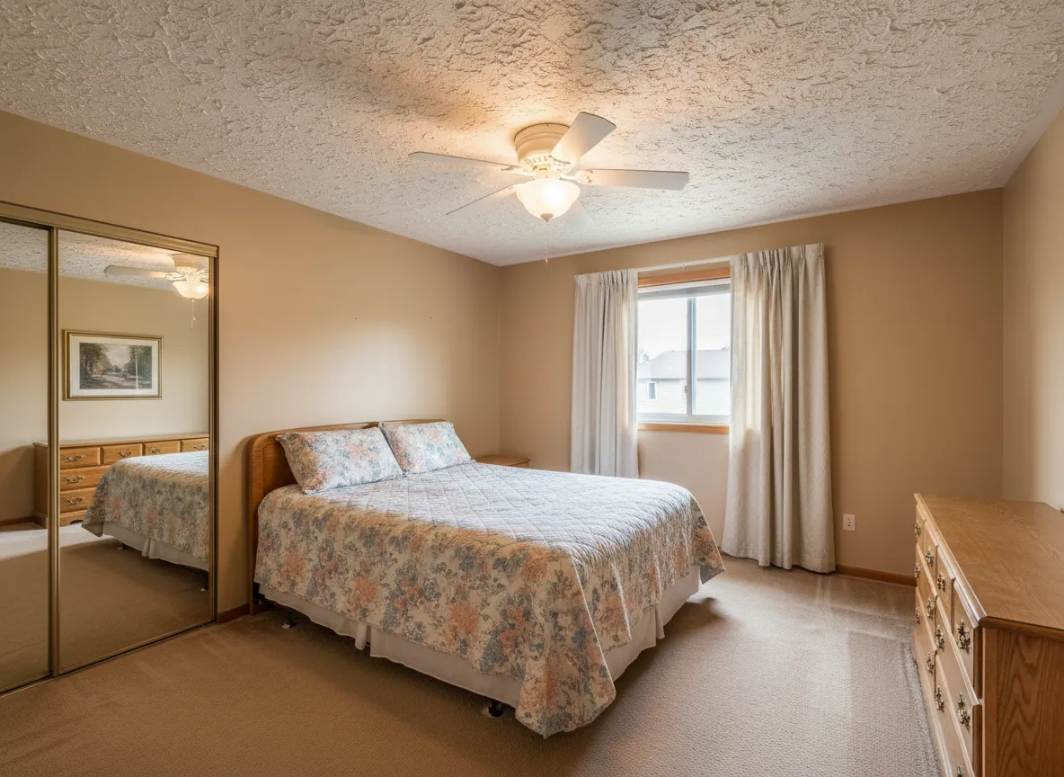 Master bedroom with popcorn ceiling before removal