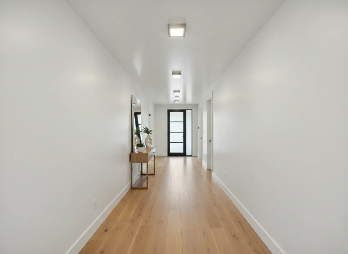 Hallway with smooth ceiling after popcorn removal