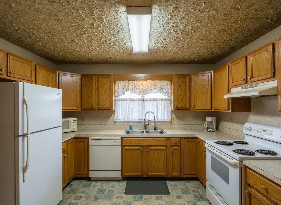 Kitchen with popcorn ceiling before removal